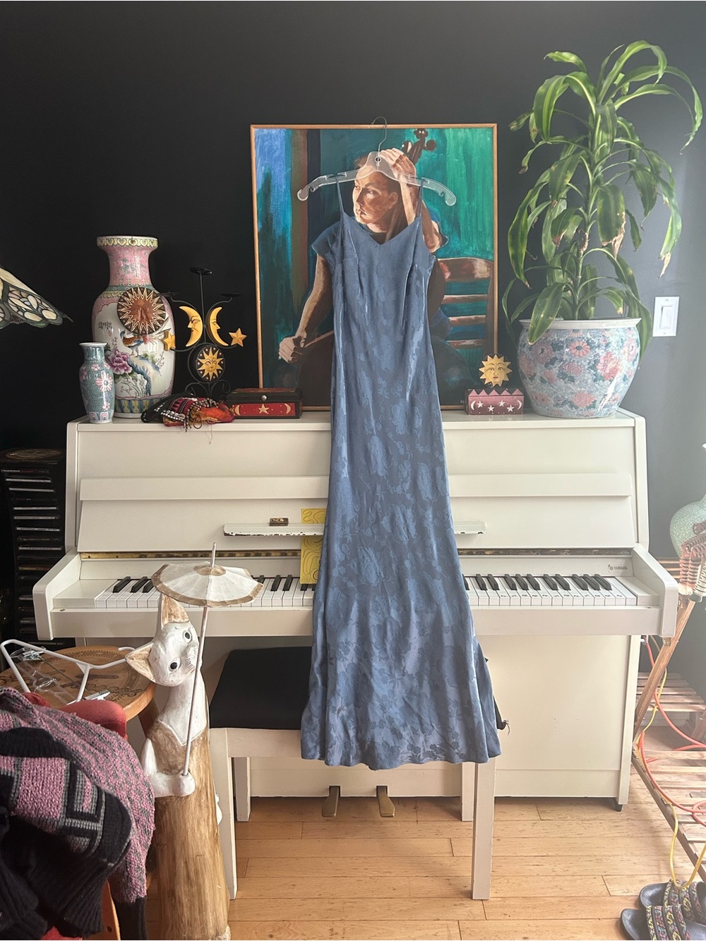 Vintage ALGO Dusty Blue Floral Jacquard Maxi Dress Size 10
